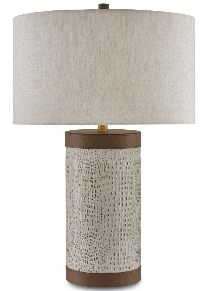 Baptiste 1 Light Table Lamp in Ivory & Brown & Brushed Brass with Natural Linen Shade