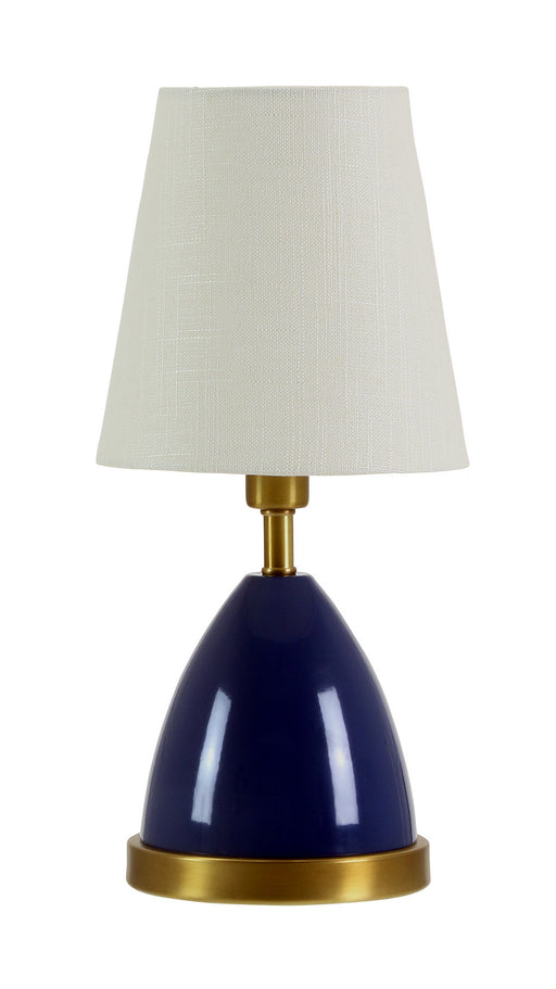 Geo 12 Inch Parabola Mini Accent Lamp in Navy Blue with Weathered Brass accents with Linen Hardback