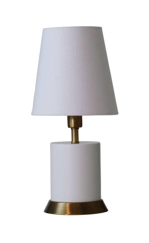 Geo 12 Inch Cylinder Mini Accent Lamp in White with Weathered Brass accents with Linen Hardback