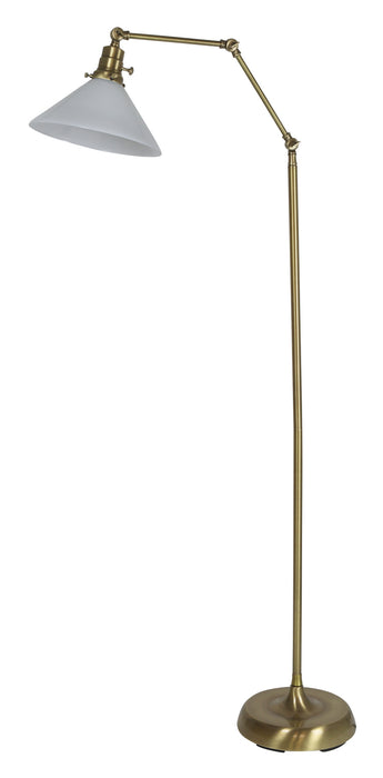 Otis Industrial Floor Lamp in Antique Brass with Glass Shade
