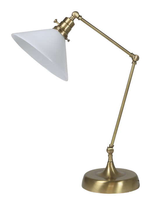 Otis Industrial Table Lamp in Antique Brass with Glass Shade