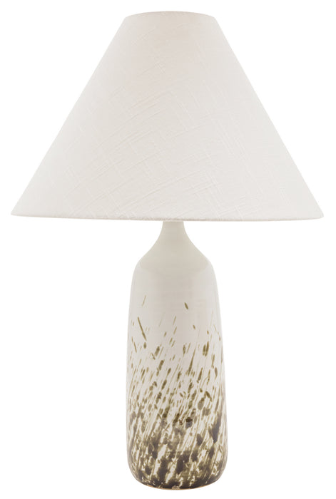 25 Inch Scatchard Table Lamp in Decorated White in Decorated White Gloss with Cream Linen Hardback