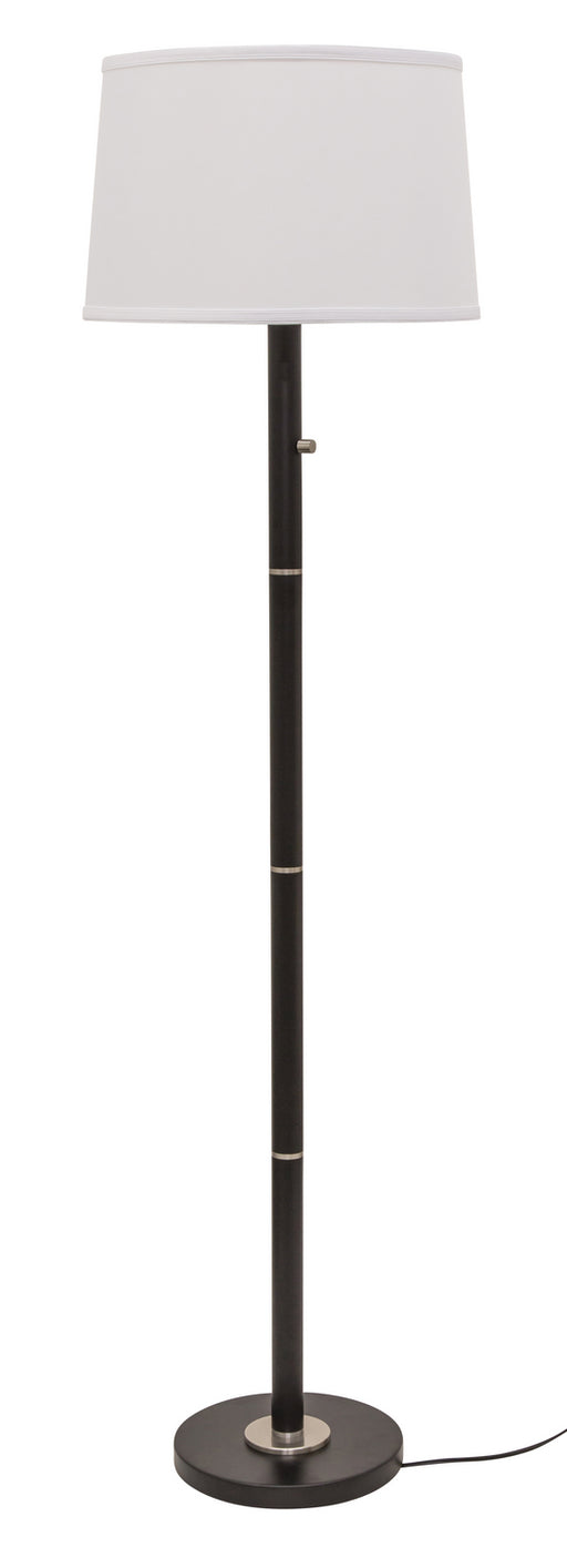 Rupert Three Way Floor Lamp In Black With Satin Nickel Accents with White Linen Hardback