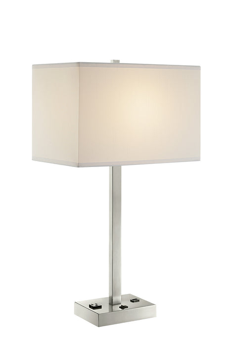 Quinn Table Lamp in Brushed Nickel with White Fabric Shade, Outletx1 & Usbx1, A 100W