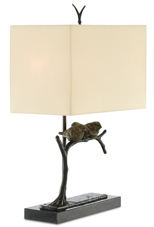 Sparrow 1 Light Table Lamp in Bronze & Black with Honey Beige Shantung Shade