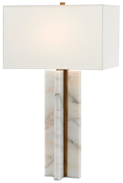 Khalil 1 Light Table Lamp in Marble & Antique Brass with Off White Shantung Shade