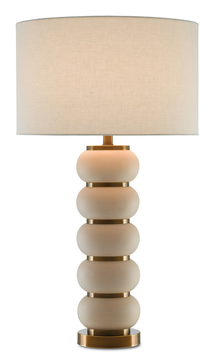 Luko 1 Light Table Lamp in White Mud & Antique Brass with Off White Linen Shade
