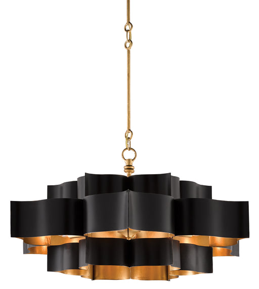 Grand 6 Light Chandelier in Satin Black & Contemporary Gold Leaf - Lamps Expo