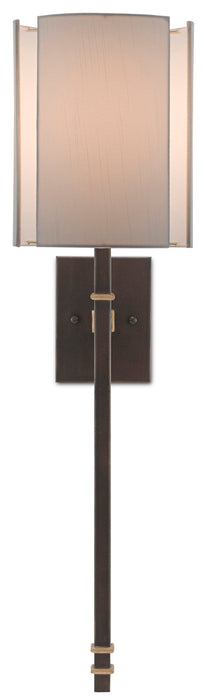 Rocher 1-Light Wall Sconce in Hand Rubbed Bronze & Contemporary Gold Leaf with Off-White Shantung Shade - Lamps Expo