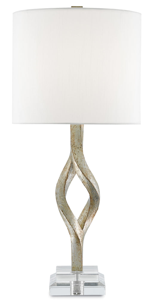 Elyx 1-Light Table Lamp in Chinois Silver Leaf with Off-White Shantung Shade - Lamps Expo