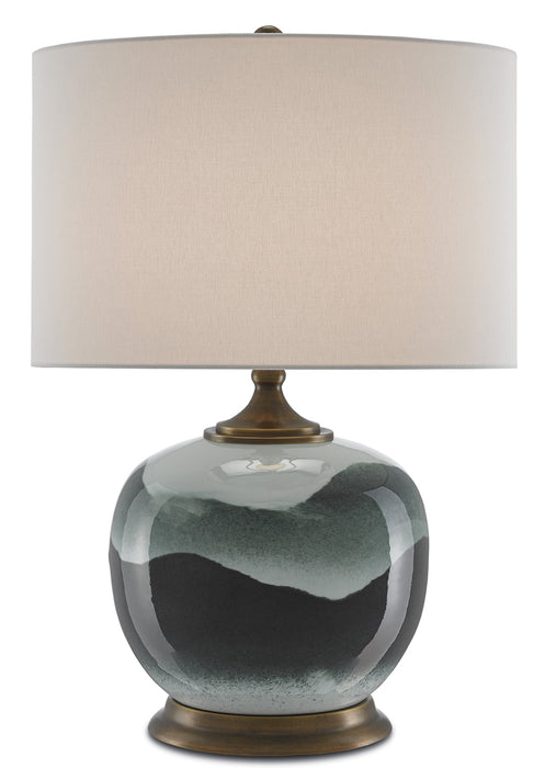 Boreal 1-Light Table Lamp in White & Green & Antique Brass with White Linen Shade - Lamps Expo