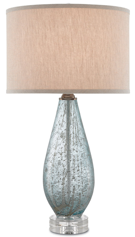 Optimist 1-Light Table Lamp in Pale Blue Speckle with Natural Linen Shade - Lamps Expo