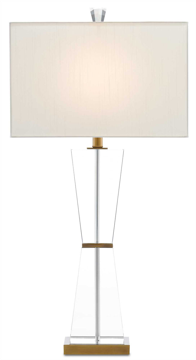Laelia 1-Light Table Lamp in Clear & Antique Brass with Off-White Shantung Shade - Lamps Expo