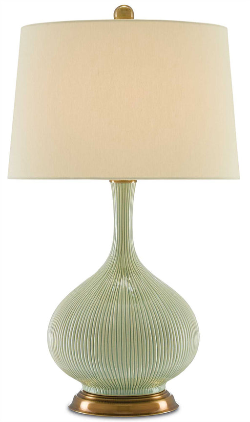 Cait 1-Light Table Lamp in Grass Green & Antique Brass with Tan Sand Linen Shade - Lamps Expo