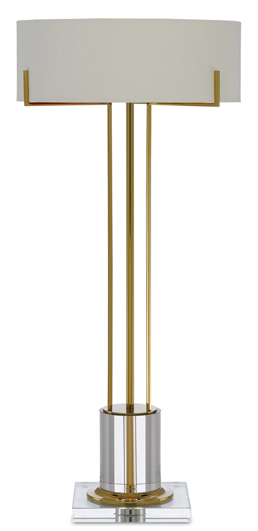 Winsland 2-Light Table Lamp in Polished Brass & Clear with Off-White Shantung Shade - Lamps Expo