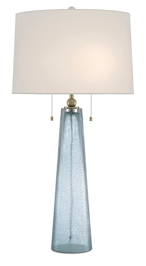 Looke Table Lamp in Blue & Brass with Off-White Shantung Shade - Lamps Expo