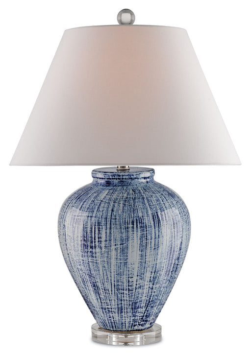 Malaprop 1-Light Table Lamp in Blue & White with White Linen Shade - Lamps Expo