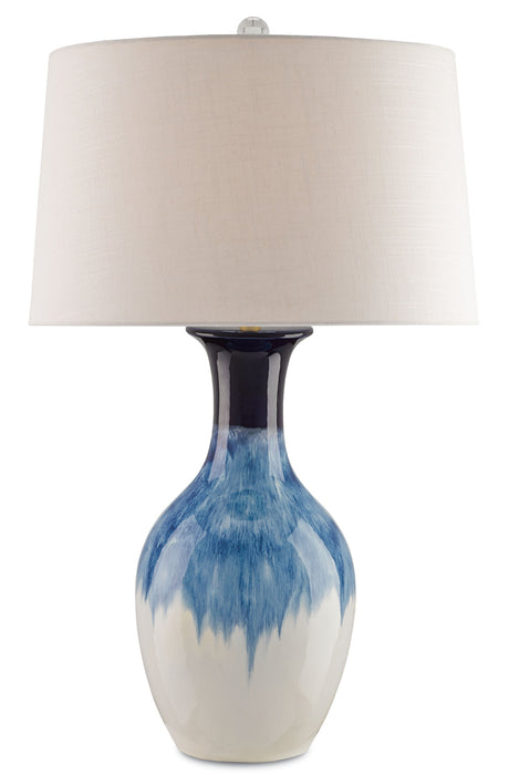 Fete 1-Light Table Lamp in Cobalt with Tan Linen Shade - Lamps Expo