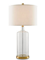 Hazel 1-Light Table Lamp in Clear Seeded Glass & Brass with Off-White Shade - Lamps Expo