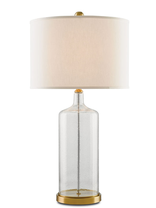 Hazel 1-Light Table Lamp in Clear Seeded Glass & Brass with Off-White Shade - Lamps Expo