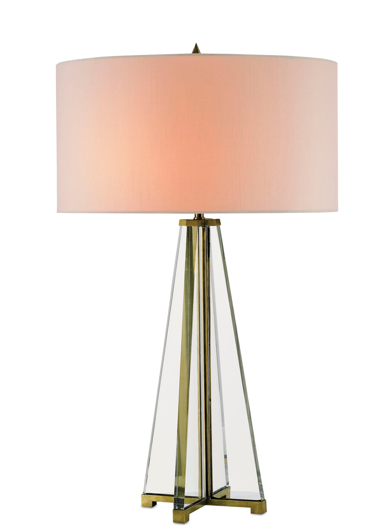 Lamont 2-Light Table Lamp in Clear & Brass with Off-White Shantung Shade - Lamps Expo