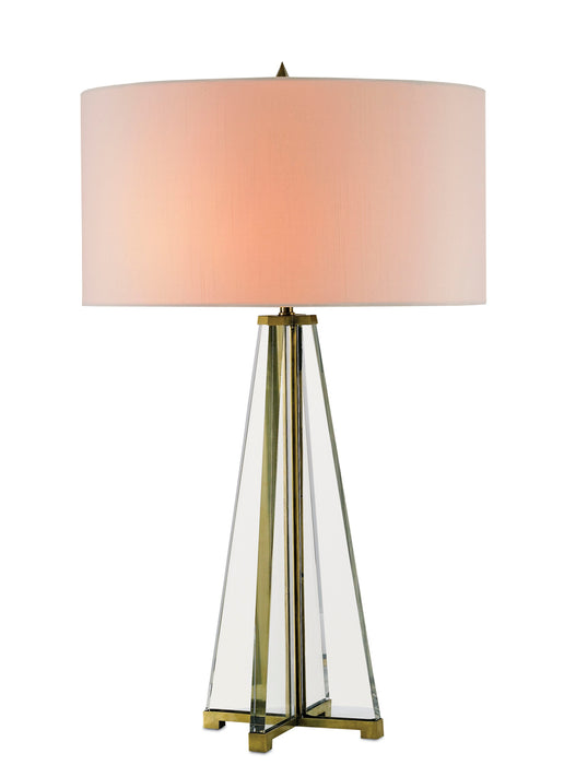 Lamont 2-Light Table Lamp in Clear & Brass with Off-White Shantung Shade - Lamps Expo