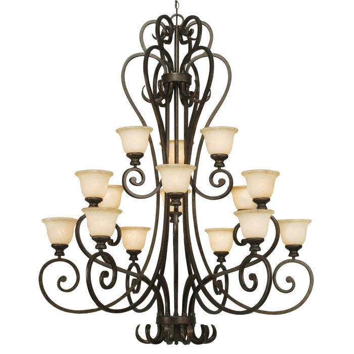Heartwood 3-Tier 15-Light Chandelier in Burnt Sienna with Tea Stone Glass - Lamps Expo